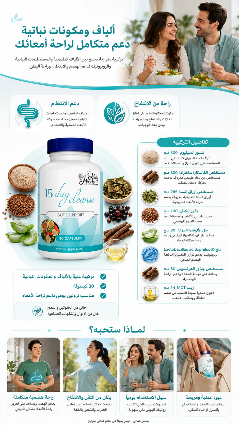 Mila Miamor 15 Day Cleanse – مكمل غذائي لدعم الأمعاء والقولون – 30 كبسولة